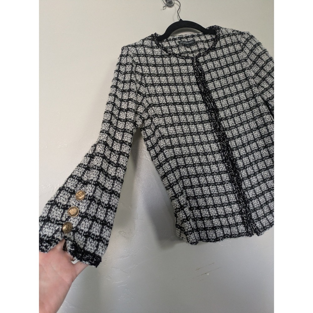Adrianna Papell Black White Plaid Boucle Jacket Hook‎ Closure Long Sleeve Size S - Picture 2 of 12